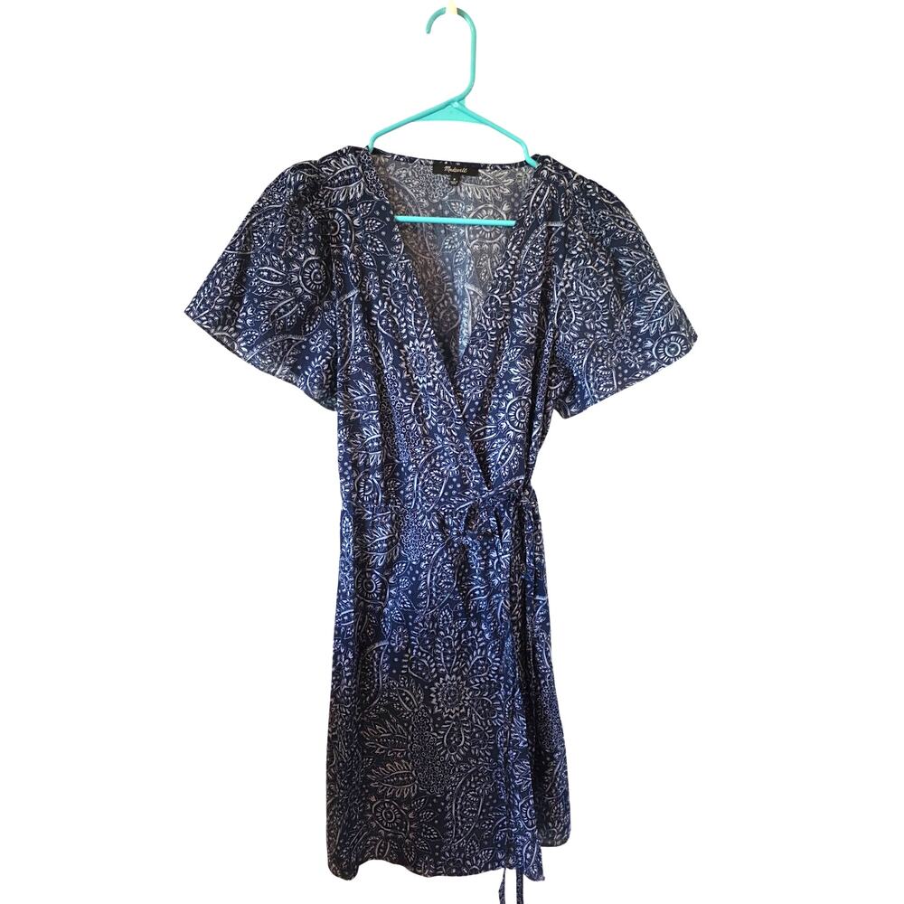 Madewell Womens Floral Paisley Print Short Sleeve Mini Wrap Dress Medium Blue